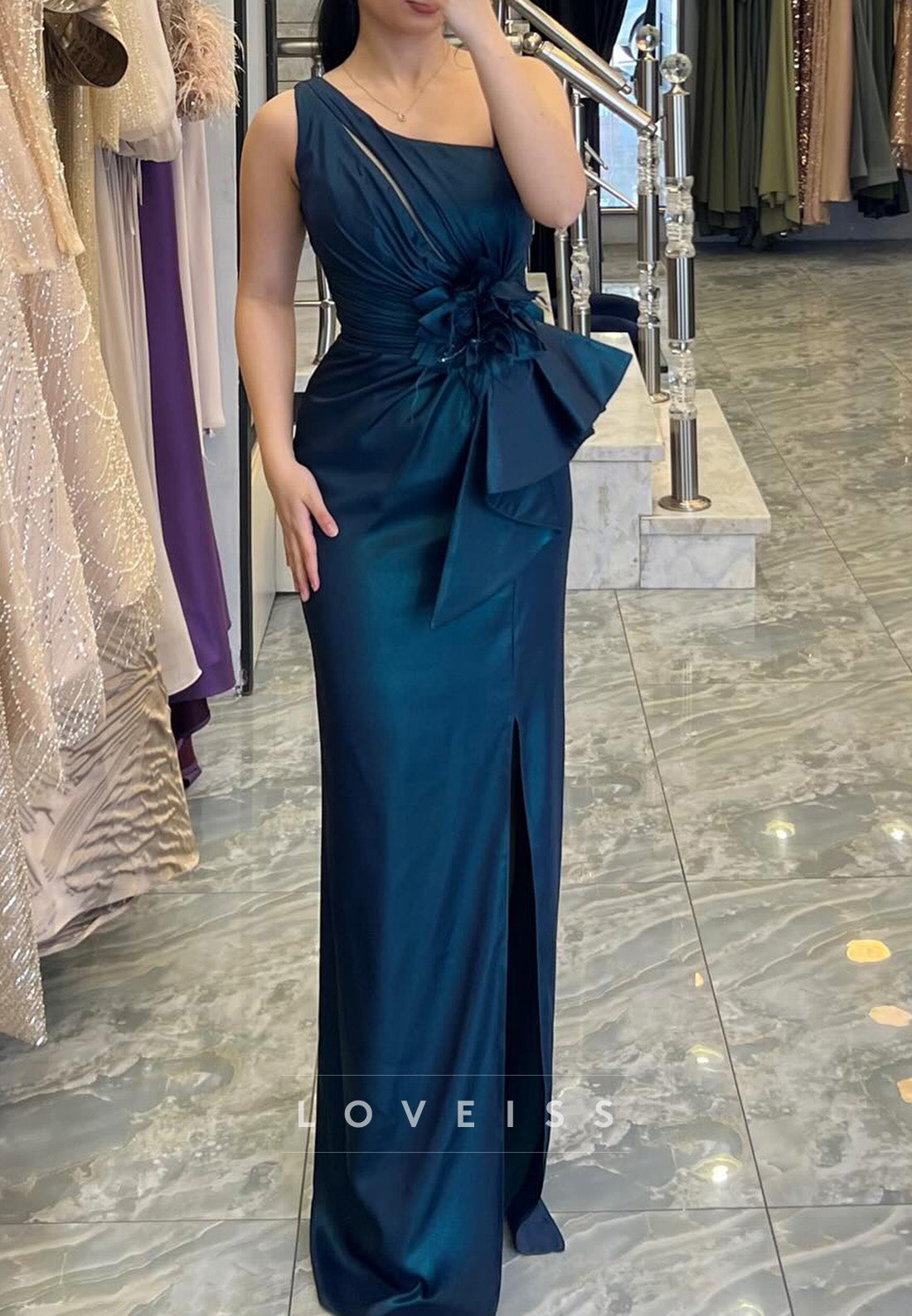 One Shoulder Pleated 3D Floral Sheath Mother of Bride Dress Evening Dress