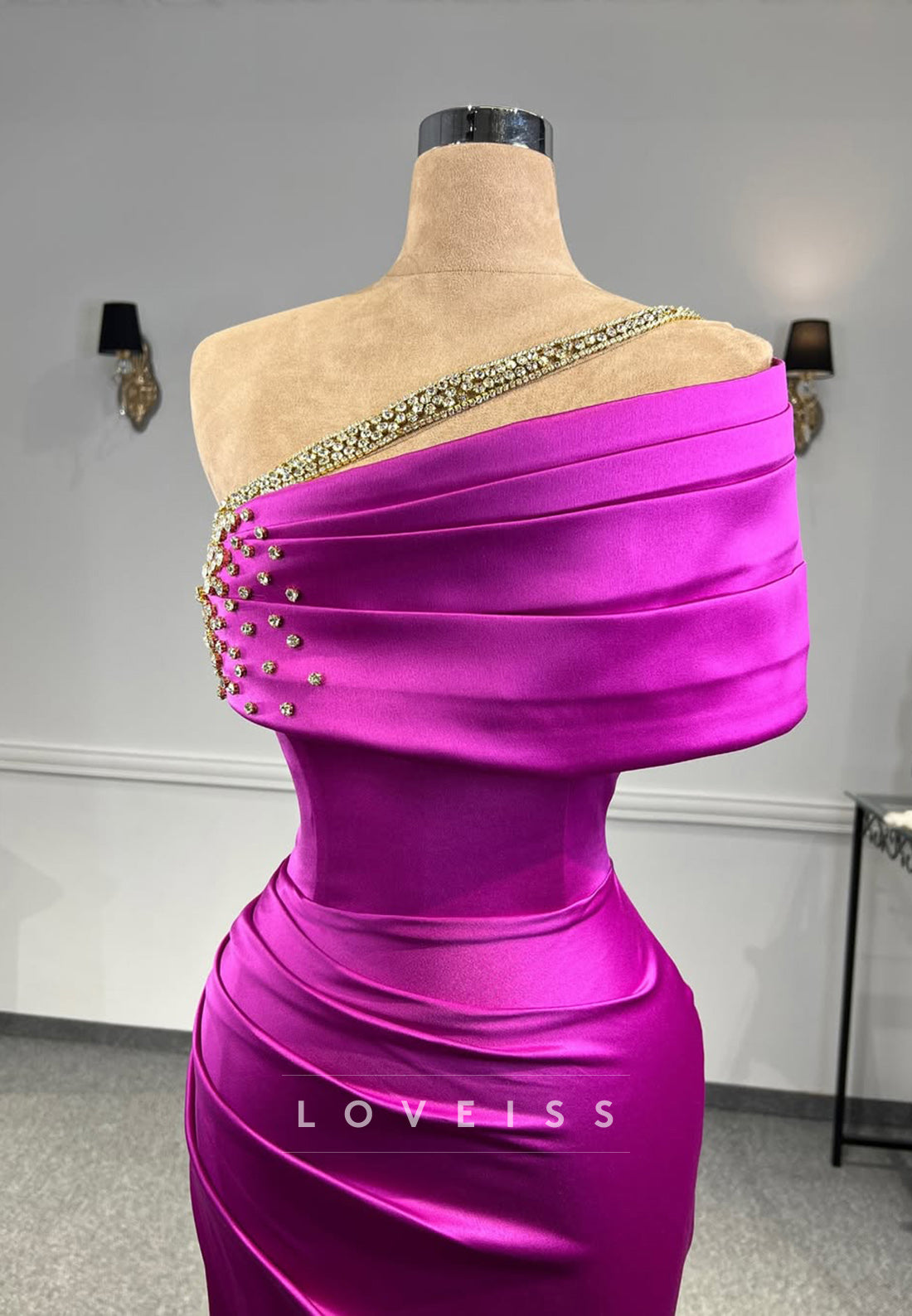 One Shoulder Pleated Beaded Side Slit Sheath Prom Dress