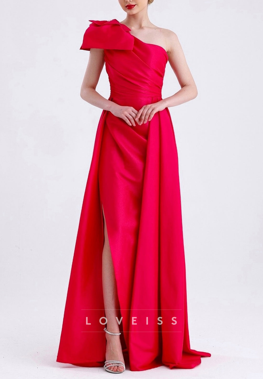 One Shoulder Pleated Bowknot Sheath Evening Dress