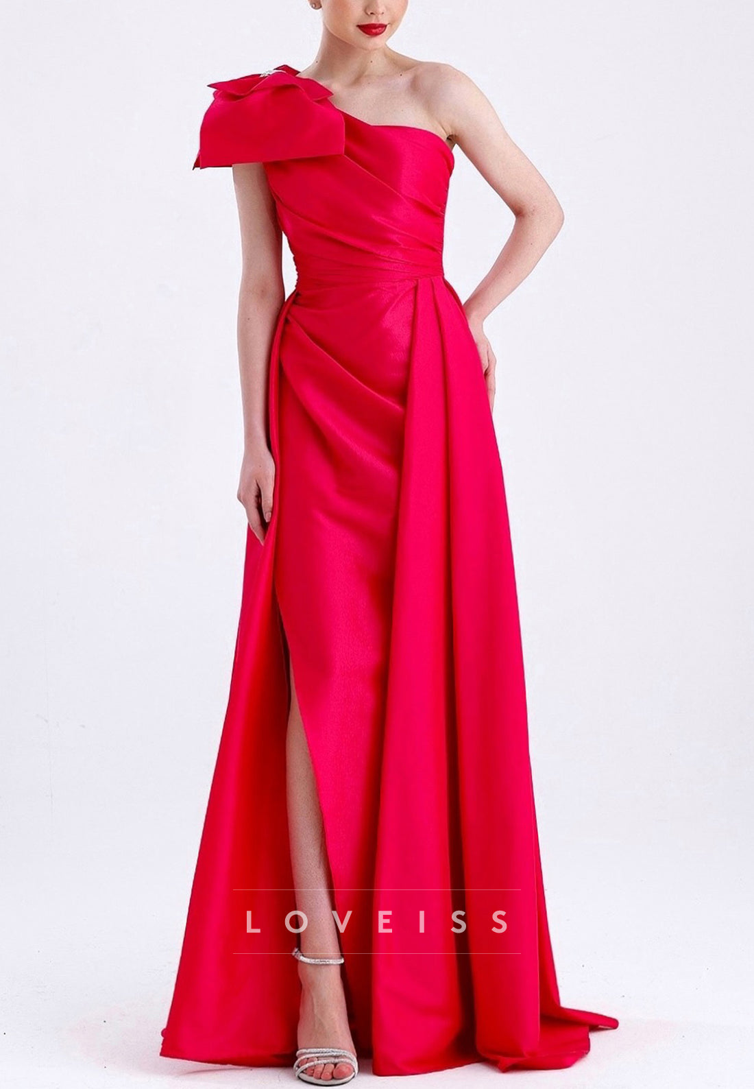 One Shoulder Pleated Bowknot Sheath Evening Dress
