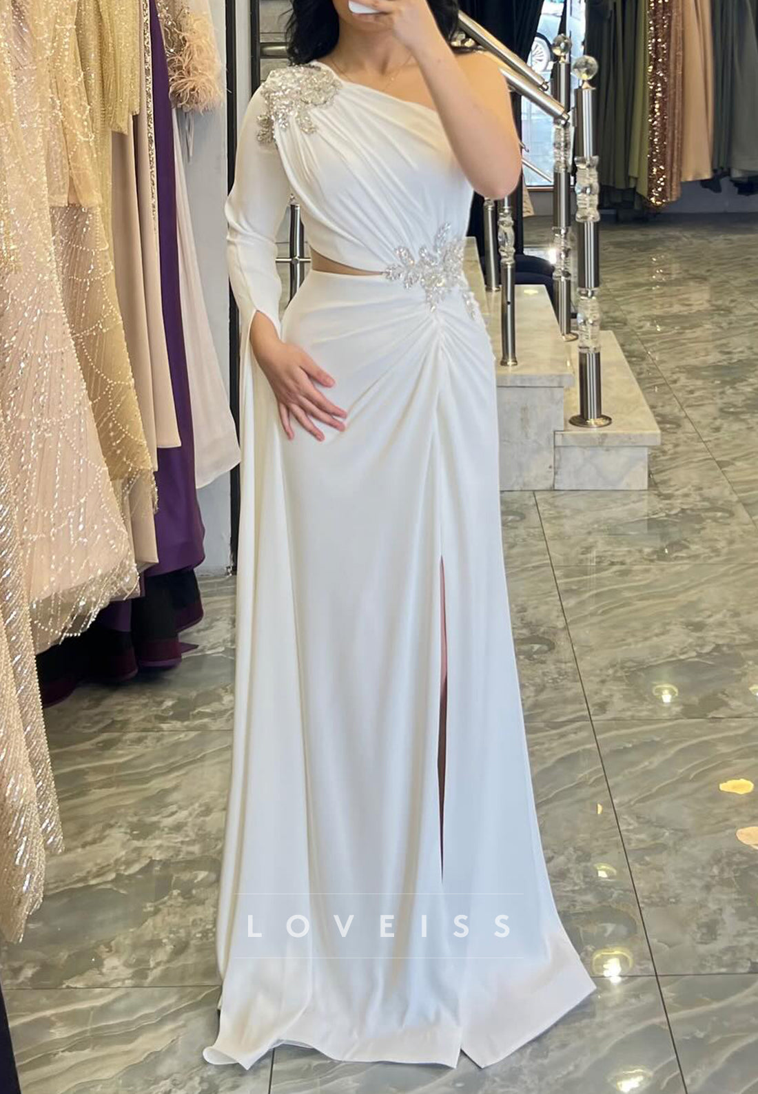 One Shoulder Pleated Side Slit Beaded Sheath Formal Dress