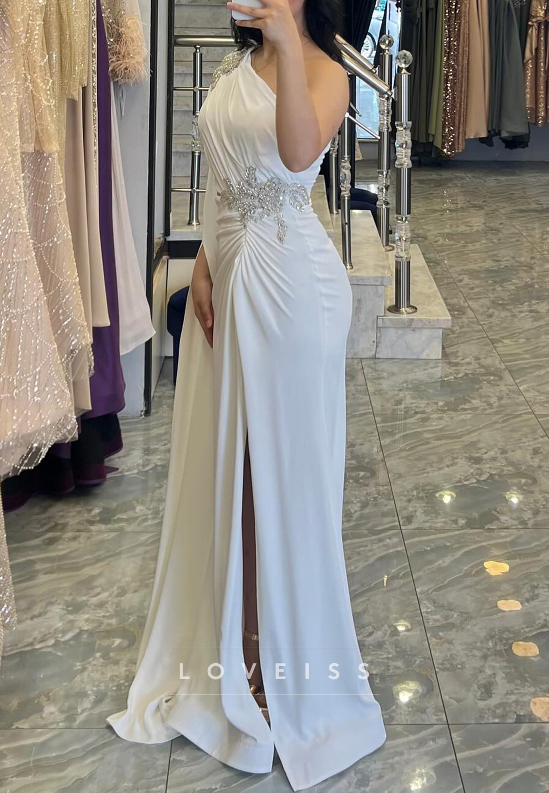 One Shoulder Pleated Side Slit Beaded Sheath Formal Dress