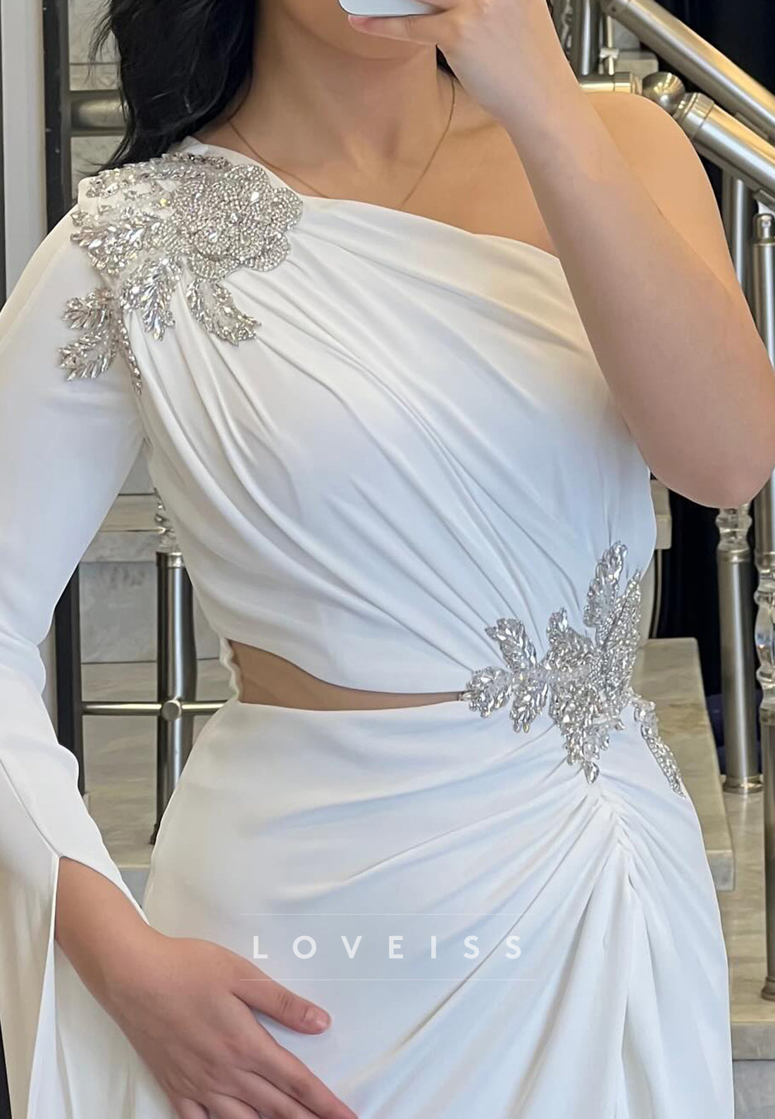 One Shoulder Pleated Side Slit Beaded Sheath Formal Dress