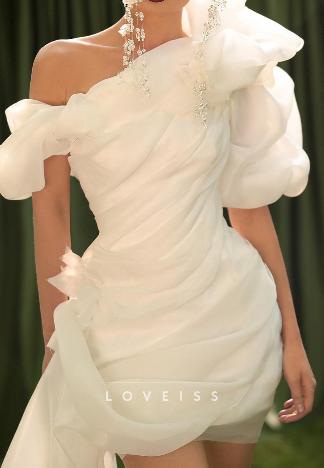 One Shoulder Puff Sleeves Pleated Short Wedding Dress