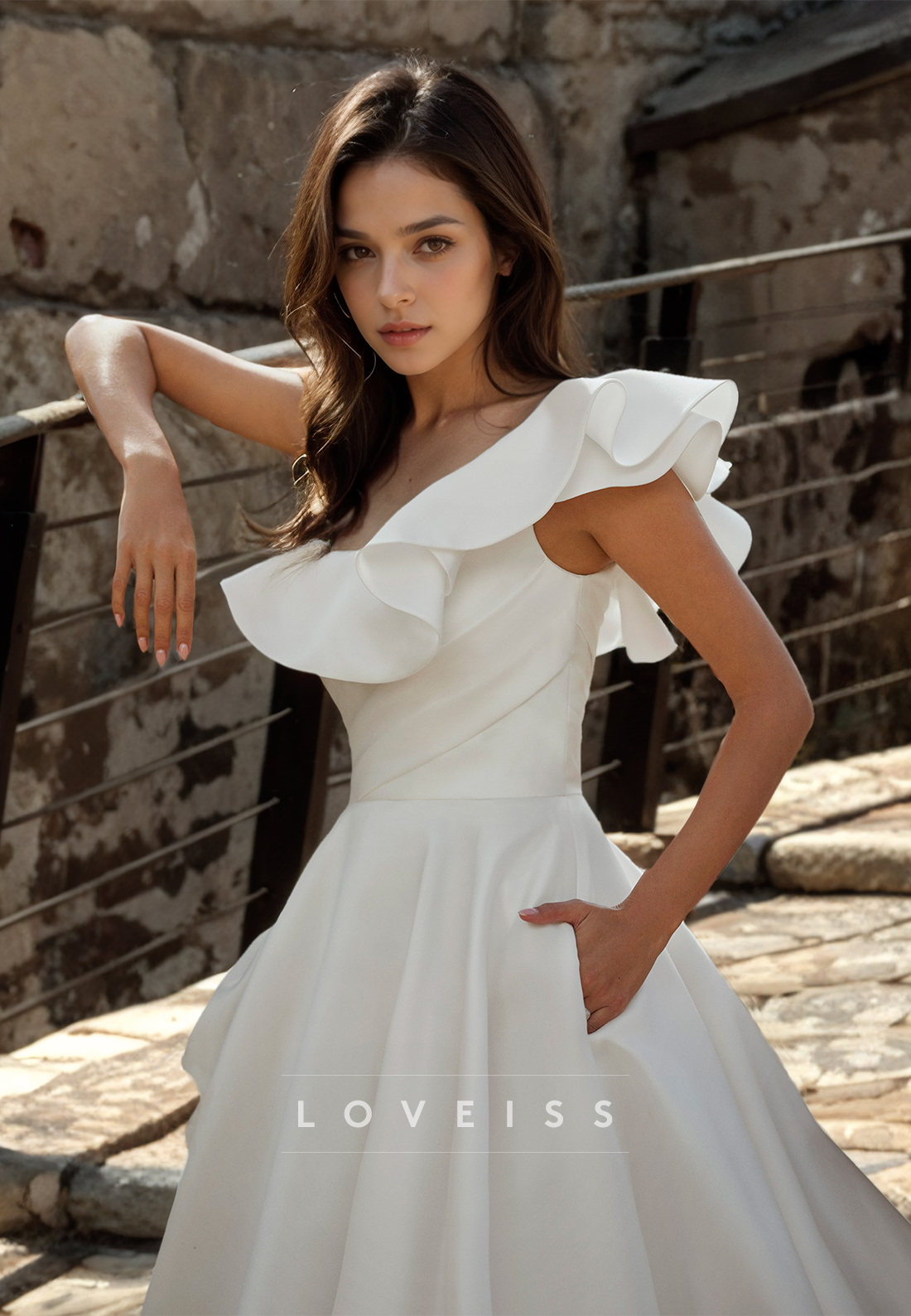 One Shoulder Ruffled Pleated Satin A-Line Wedding Dress