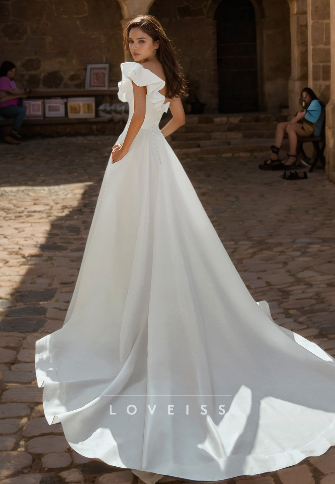 One Shoulder Ruffled Pleated Satin A-Line Wedding Dress