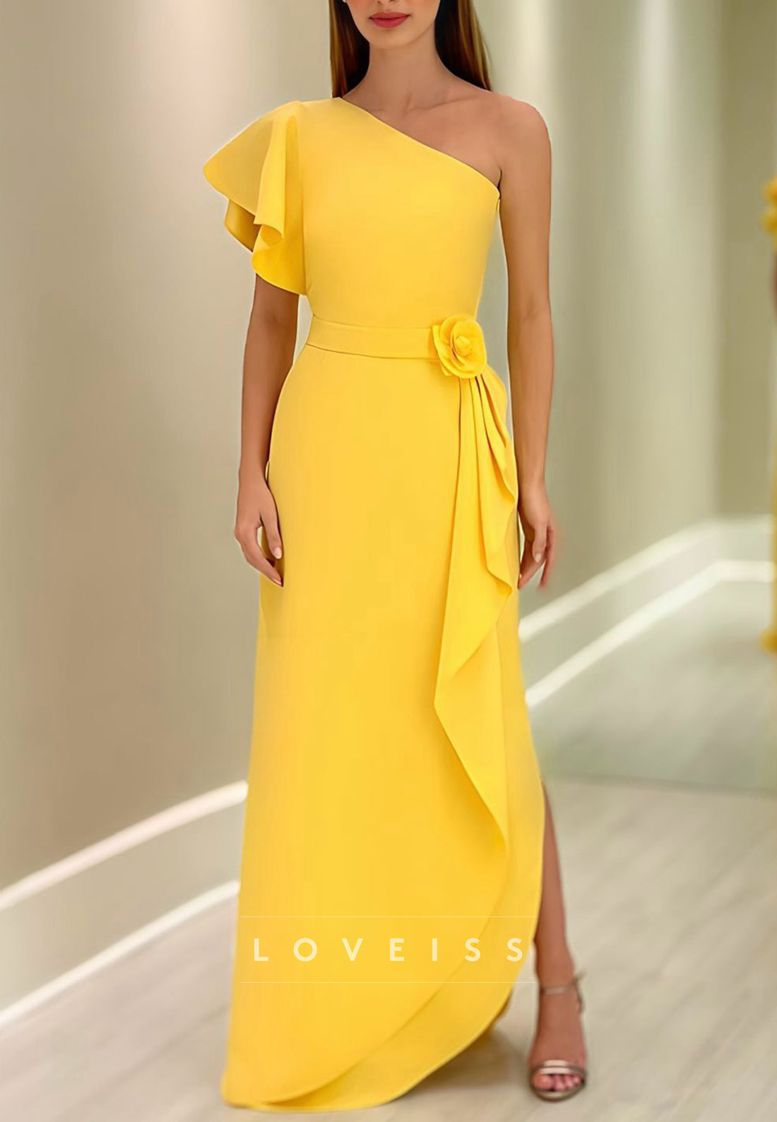 One Shoulder Short Sleeves Ruffles Sheath Mother of Bride Dress