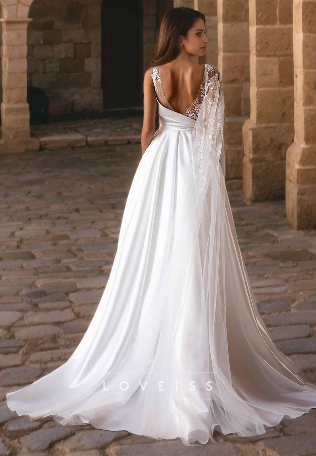 One Shoulder Sleeveless Appliques Illusion Satin A-Line Wedding Dress