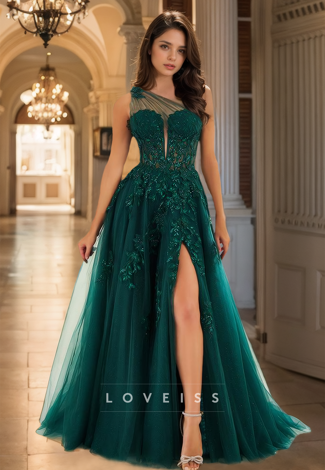 One Shoulder Sleeveless Appliques Tulle A-Line Prom Dress