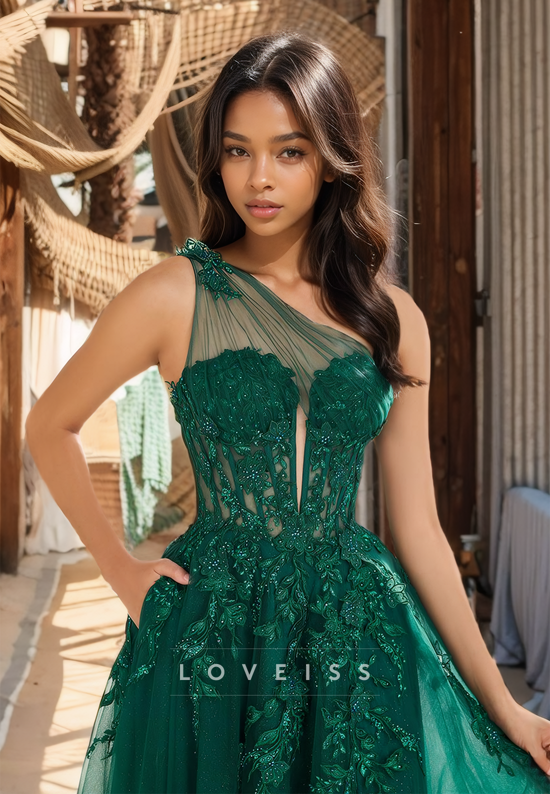 One Shoulder Sleeveless Appliques Tulle A-Line Prom Dress