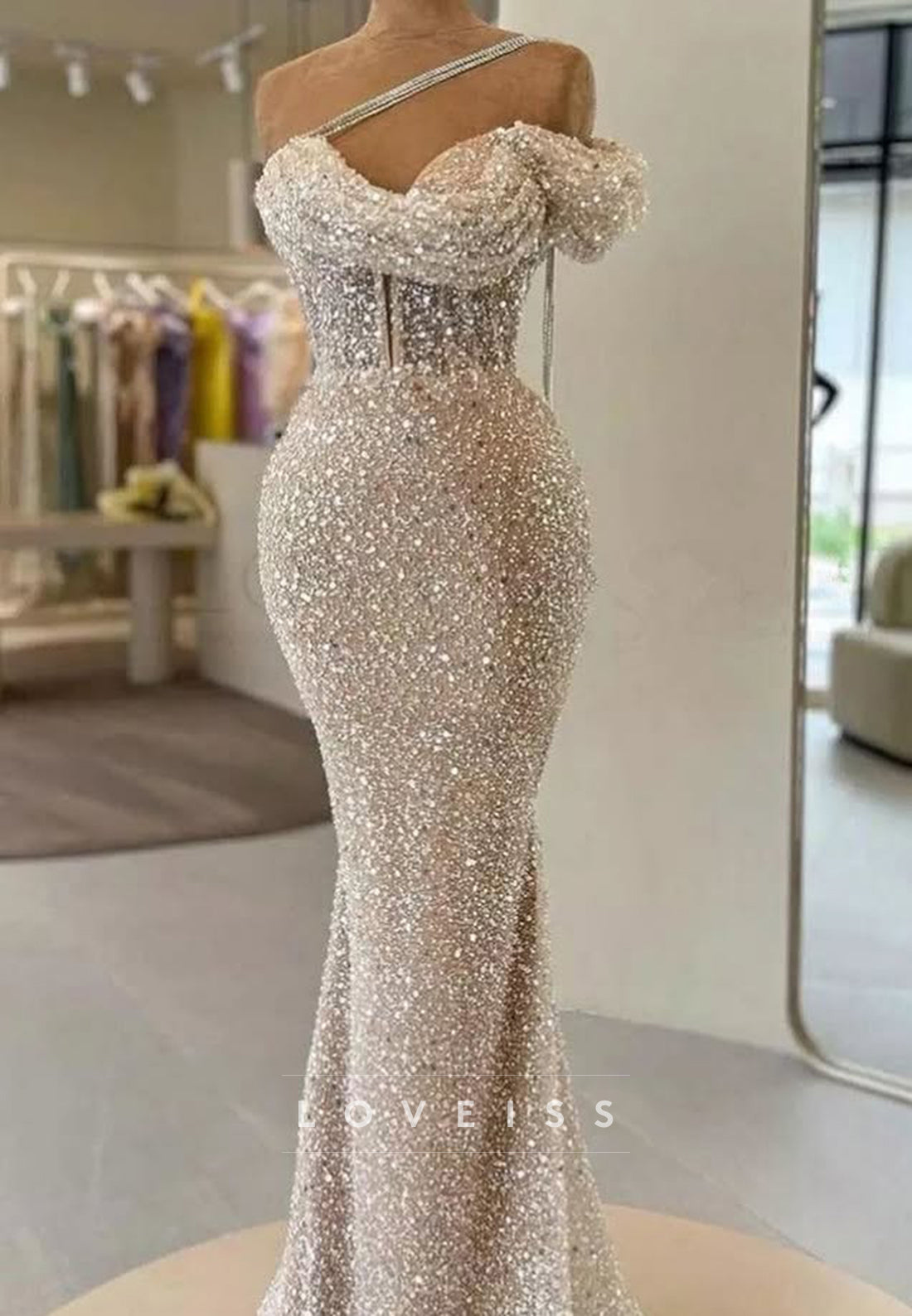 One Shoulder Sleeveless Baeded Emboridory Mermaid Prom Dress