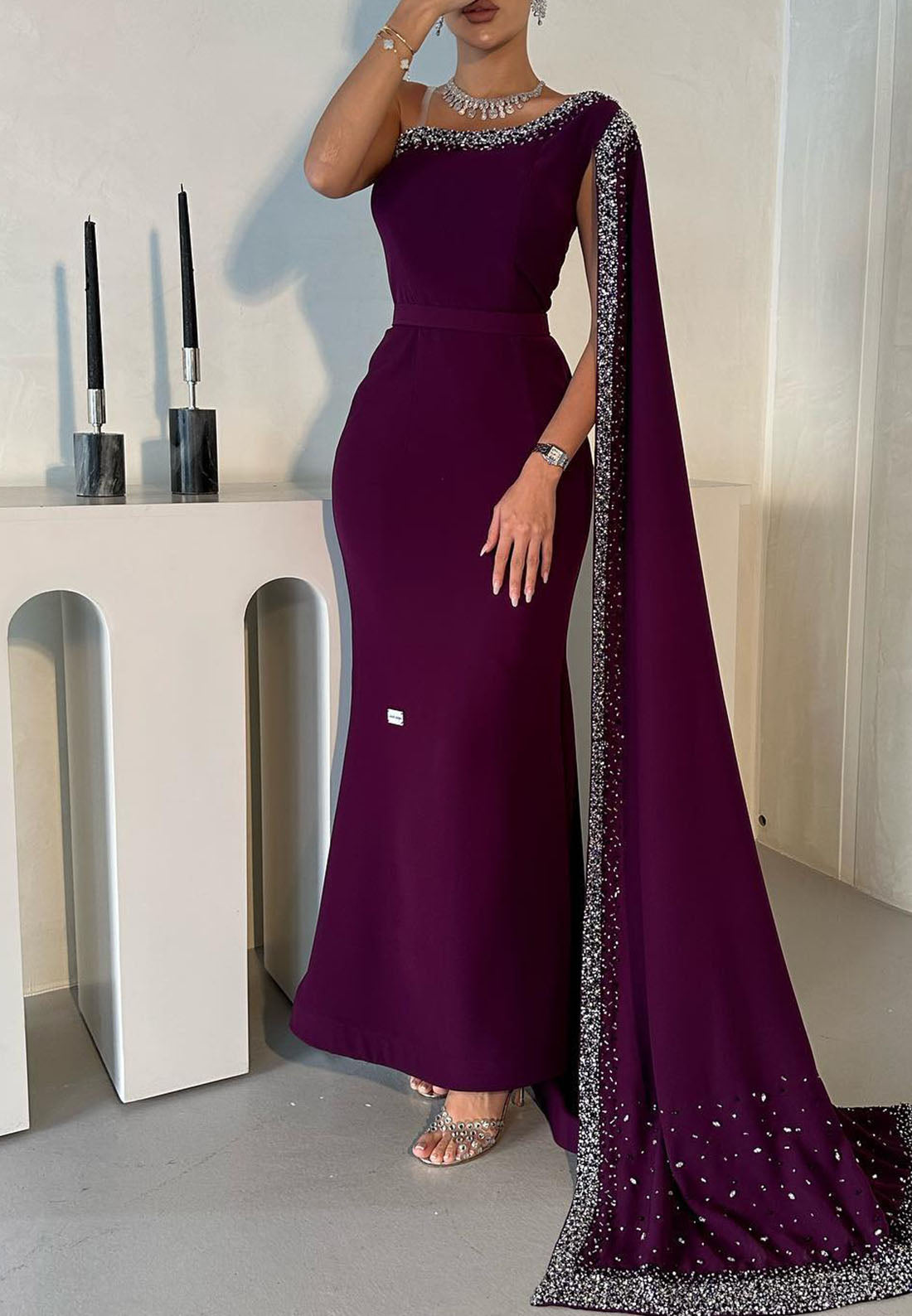 One Shoulder Sleeveless Beaded Mermaid Formal Dress