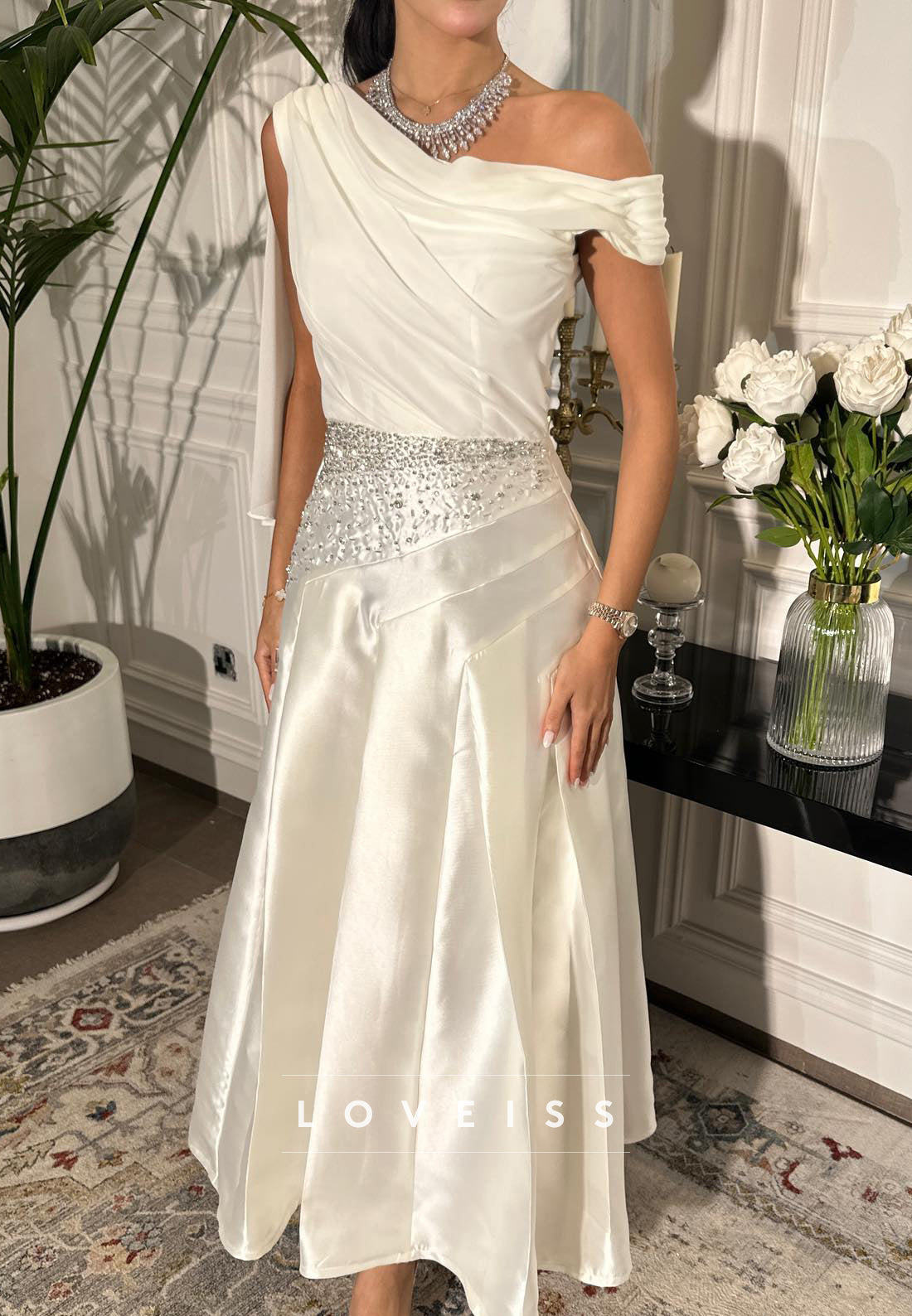 One Shoulder Sleeveless Beaded Satin A-Line Midi Evening Dress