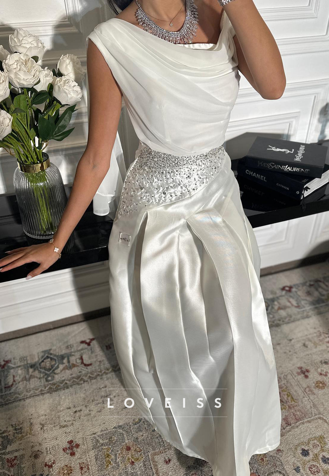 One Shoulder Sleeveless Beaded Satin A-Line Midi Evening Dress