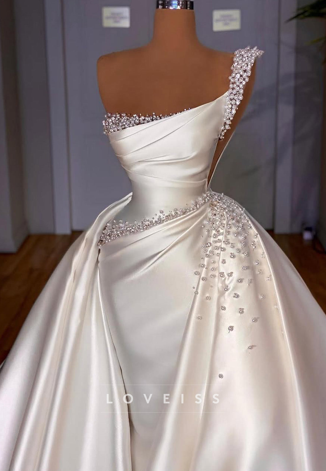 One Shoulder Sleeveless Beaded Sheath Satin Wedding Dress