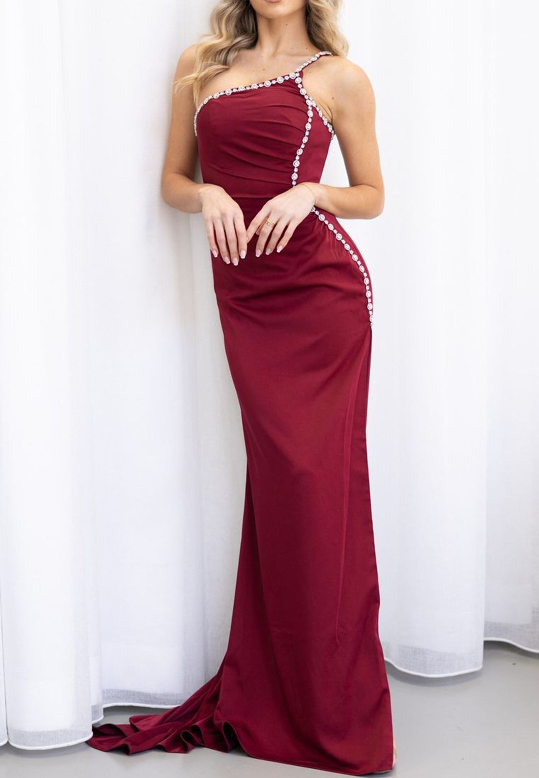 One Shoulder Sleeveless Beaded Sleek Formal Dress Sheath Porm Dress