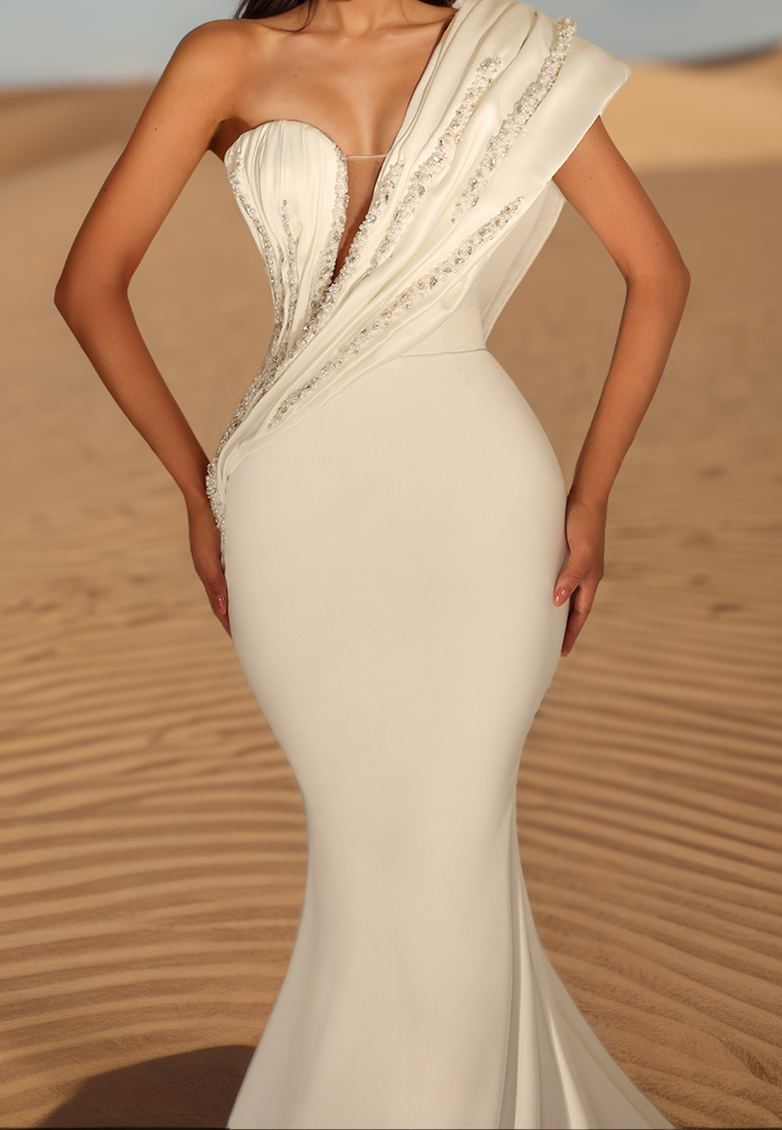 One Shoulder Sleeveless Beaded Sleek Mermaid Wedding Dress