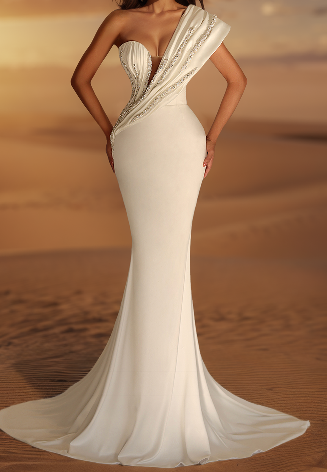 One Shoulder Sleeveless Beaded Sleek Mermaid Wedding Dress
