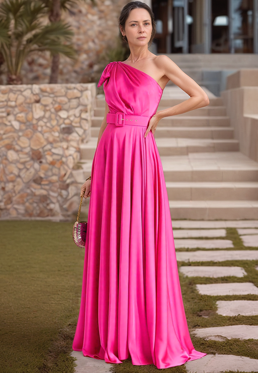 One Shoulder Sleeveless Belt Pleated Evening Dress A-Line Mother of Bride Dress