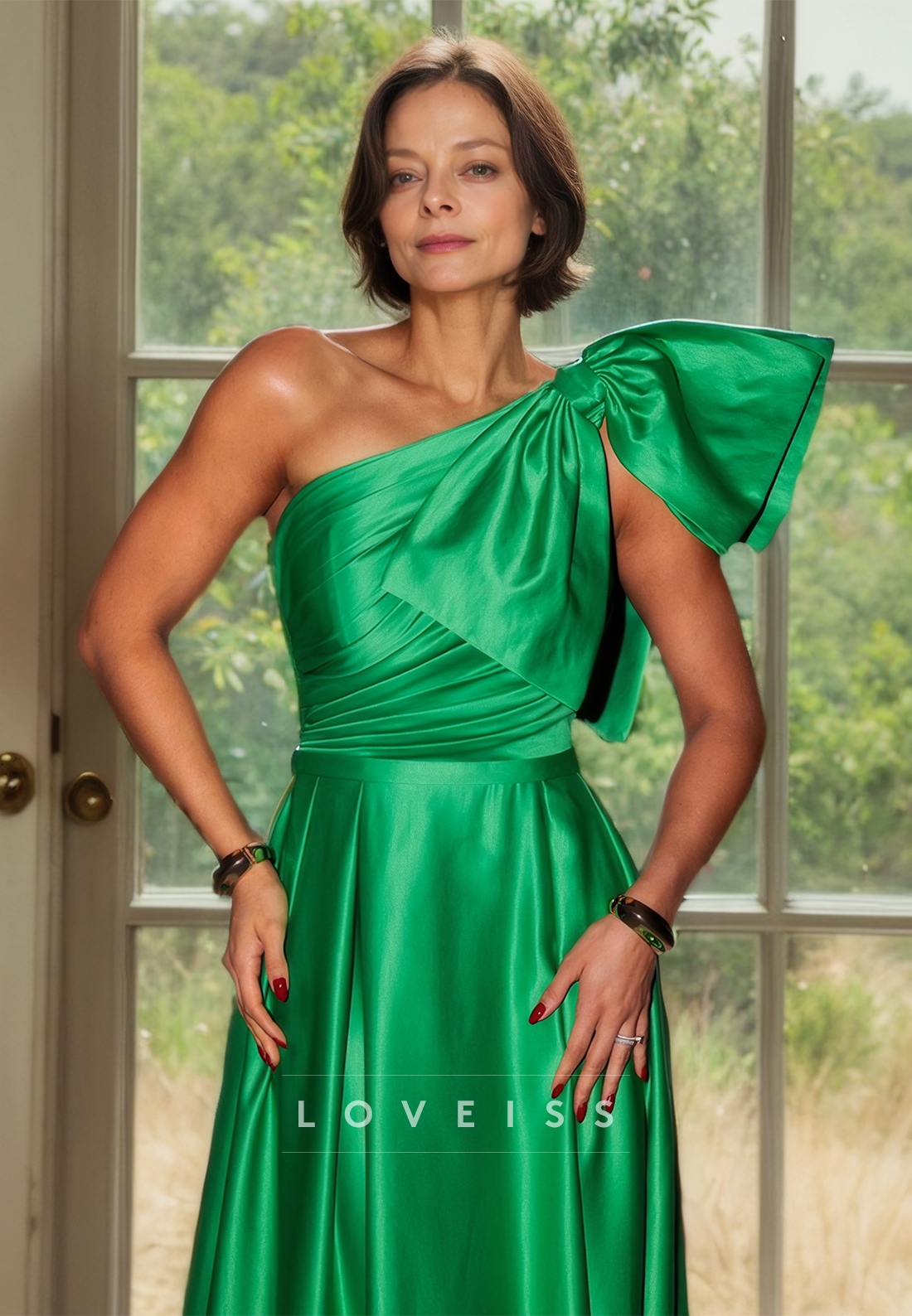 One Shoulder Sleeveless Bowknot Pleated A-Line Mother of Bride Dress