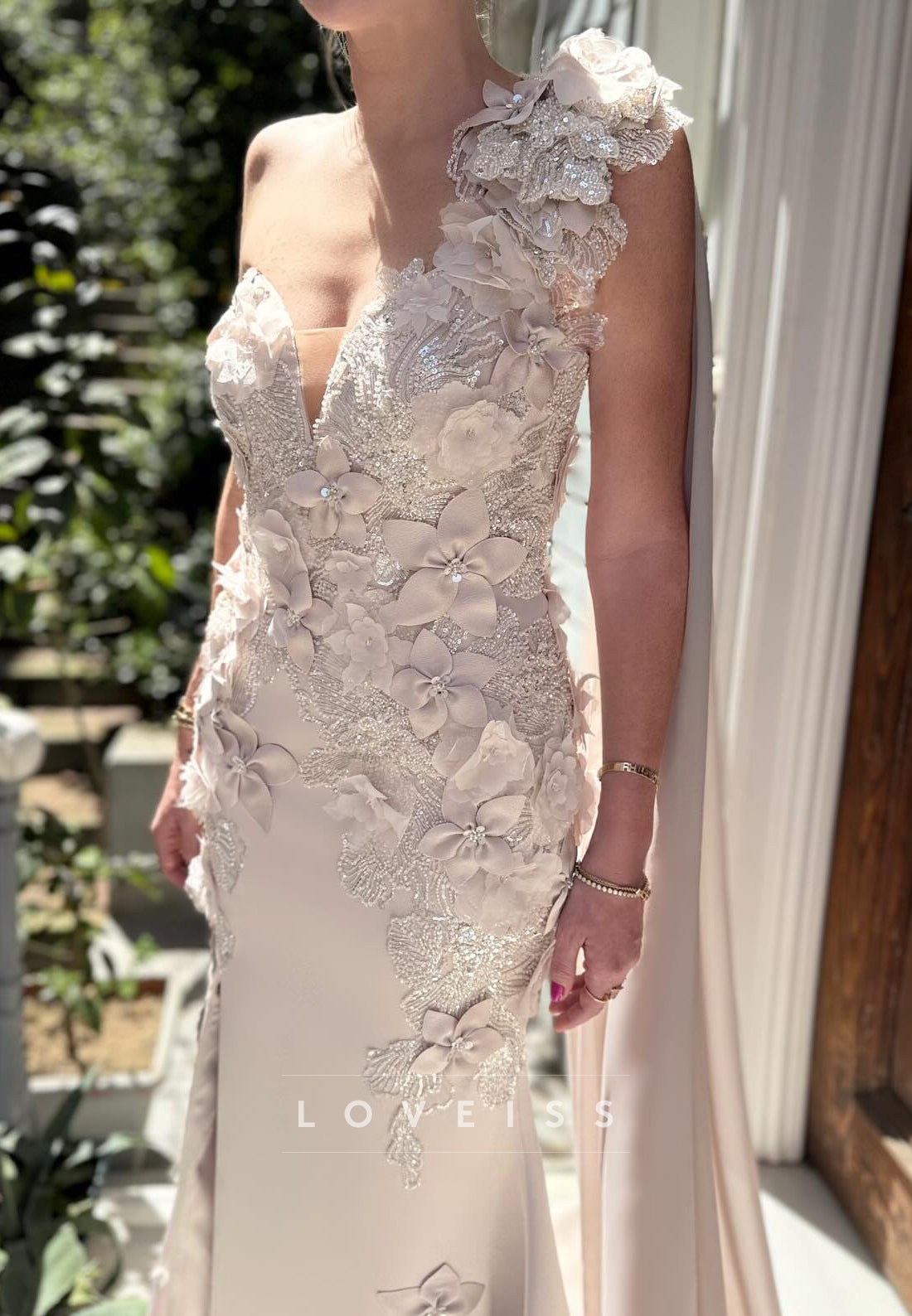 One Shoulder Sleeveless Floral Appliques Mermaid Evening Dress