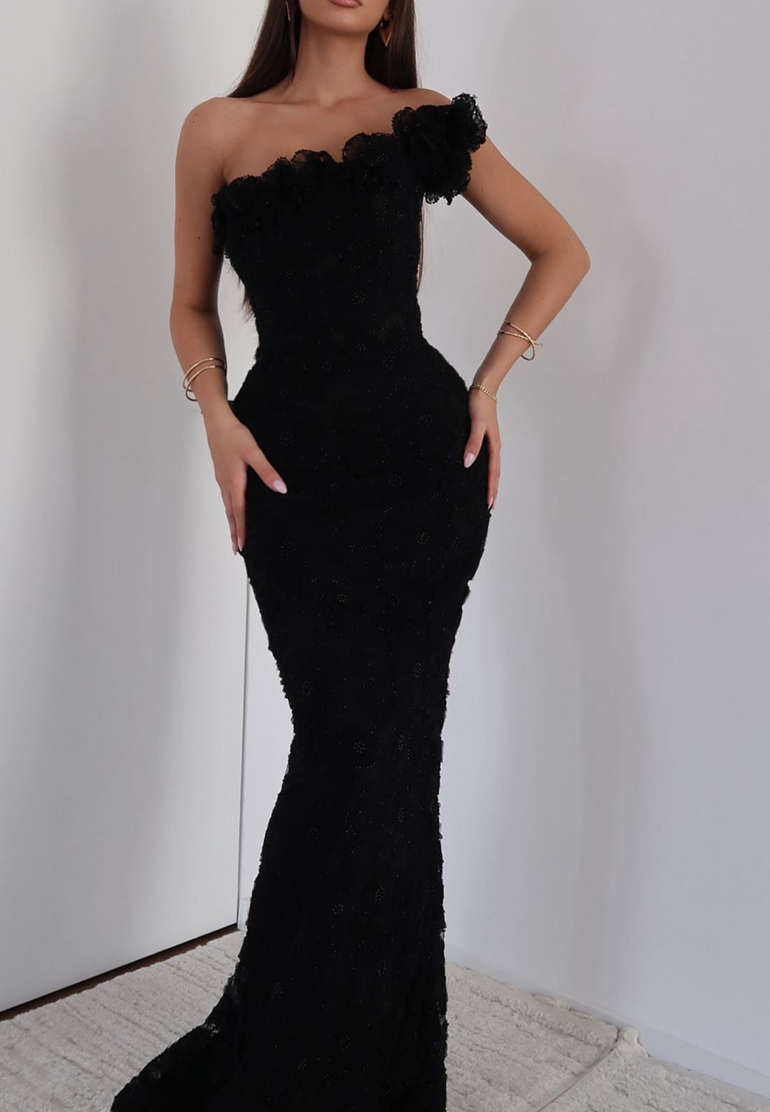 One Shoulder Sleeveless Floral Beaded Mermaid Evening Dress