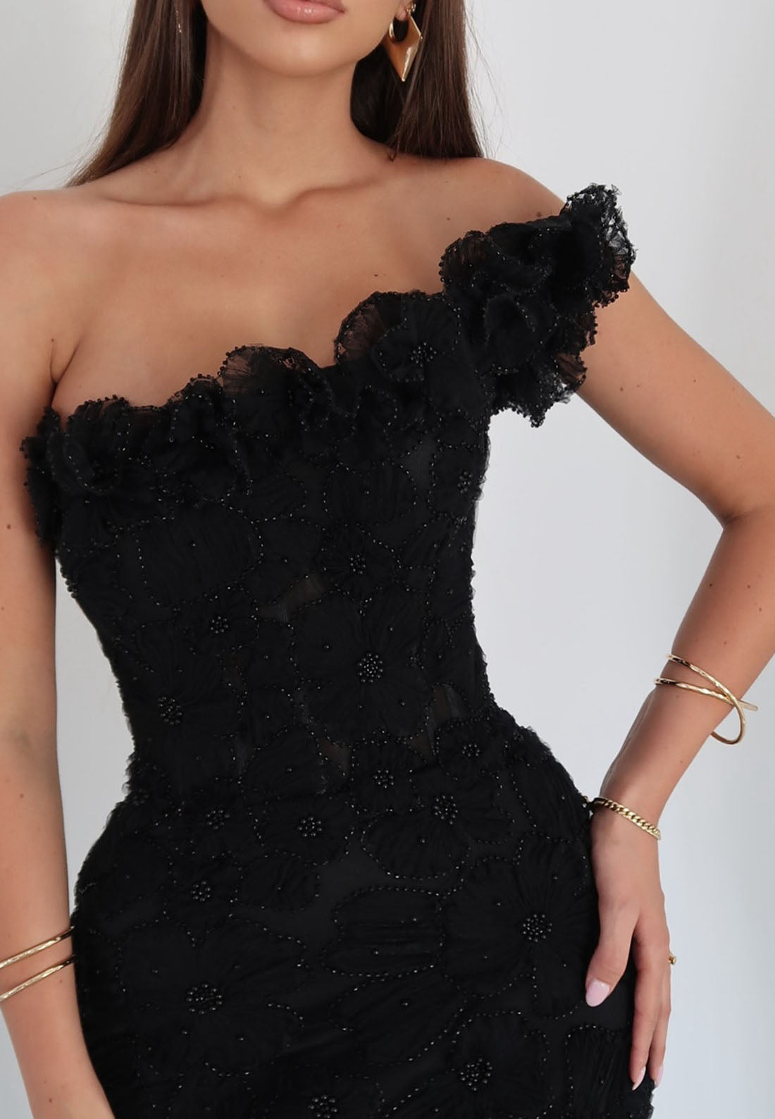 One Shoulder Sleeveless Floral Beaded Mermaid Evening Dress