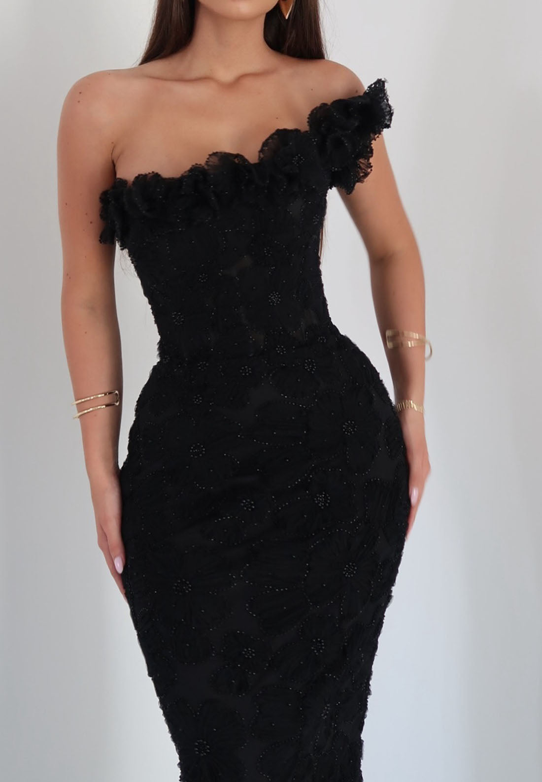 One Shoulder Sleeveless Floral Beaded Mermaid Evening Dress