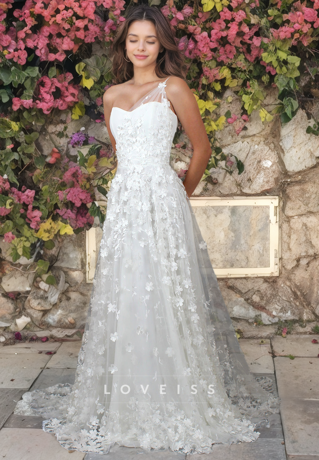 One Shoulder Sleeveless Floral Embellished A-Line Beach Wedding Dress