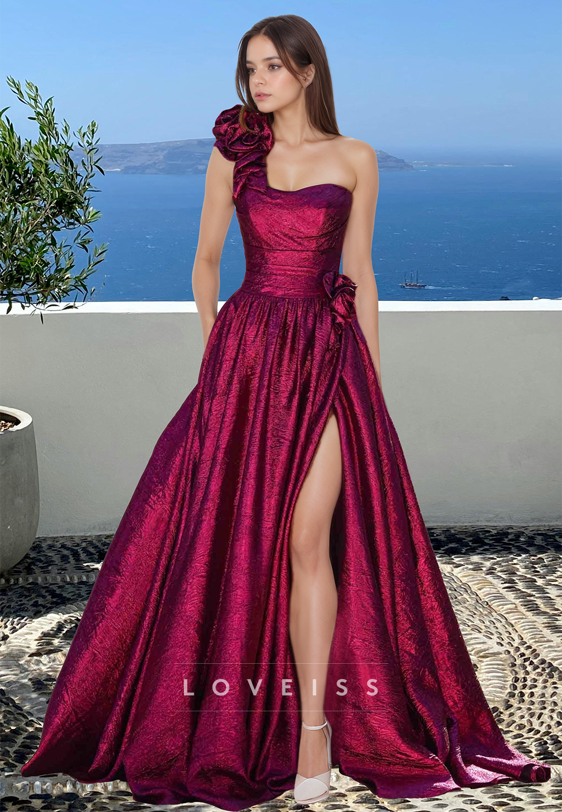 One Shoulder Sleeveless Floral Embellished Pleated A-Line Prom Dress