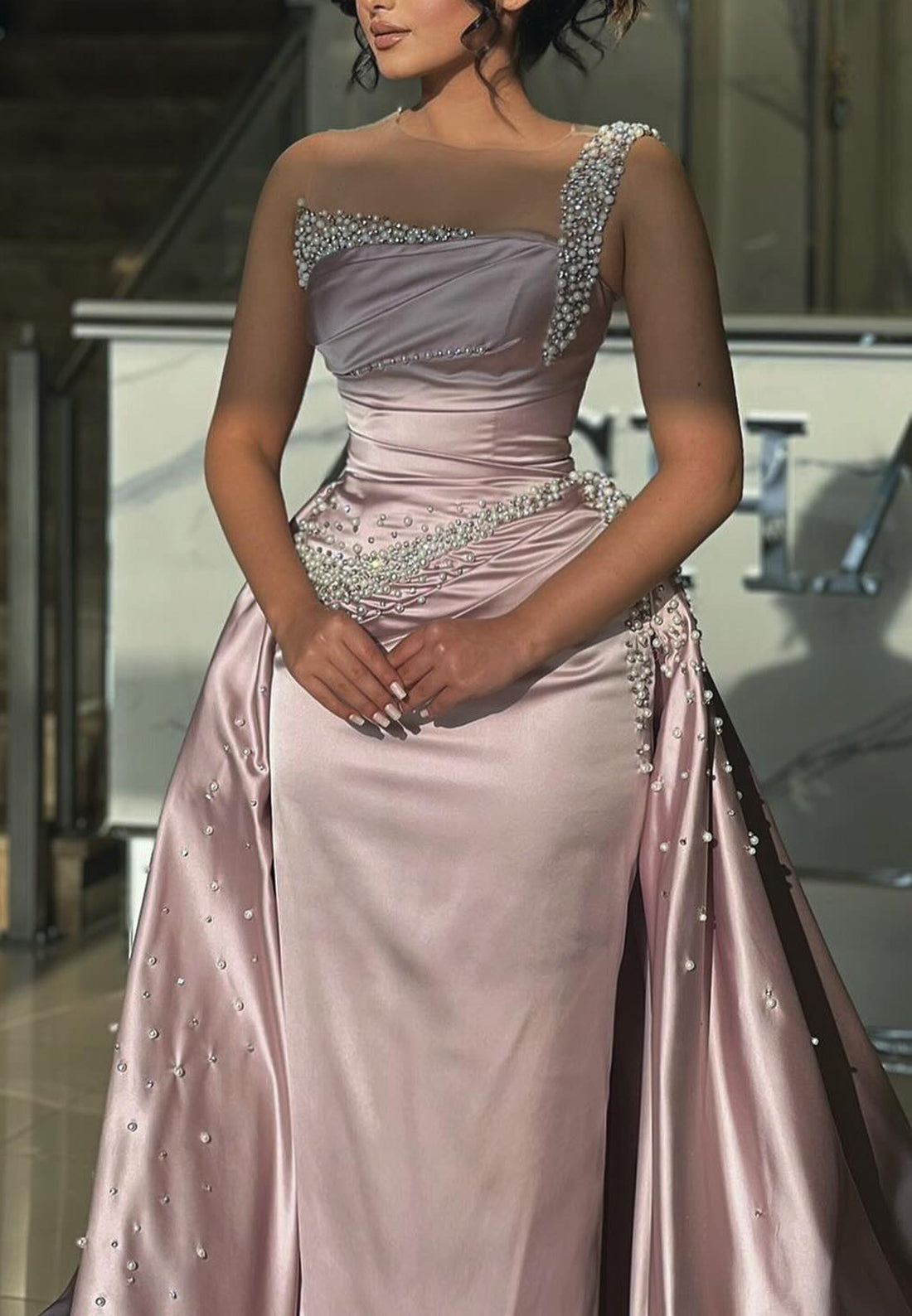 One Shoulder Sleeveless Pearl Sheath Prom Dress