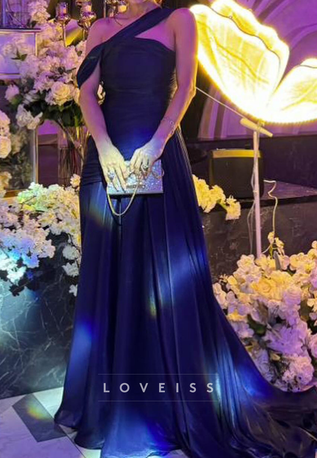 One Shoulder Sleeveless Pleated A-Line Evening Dress