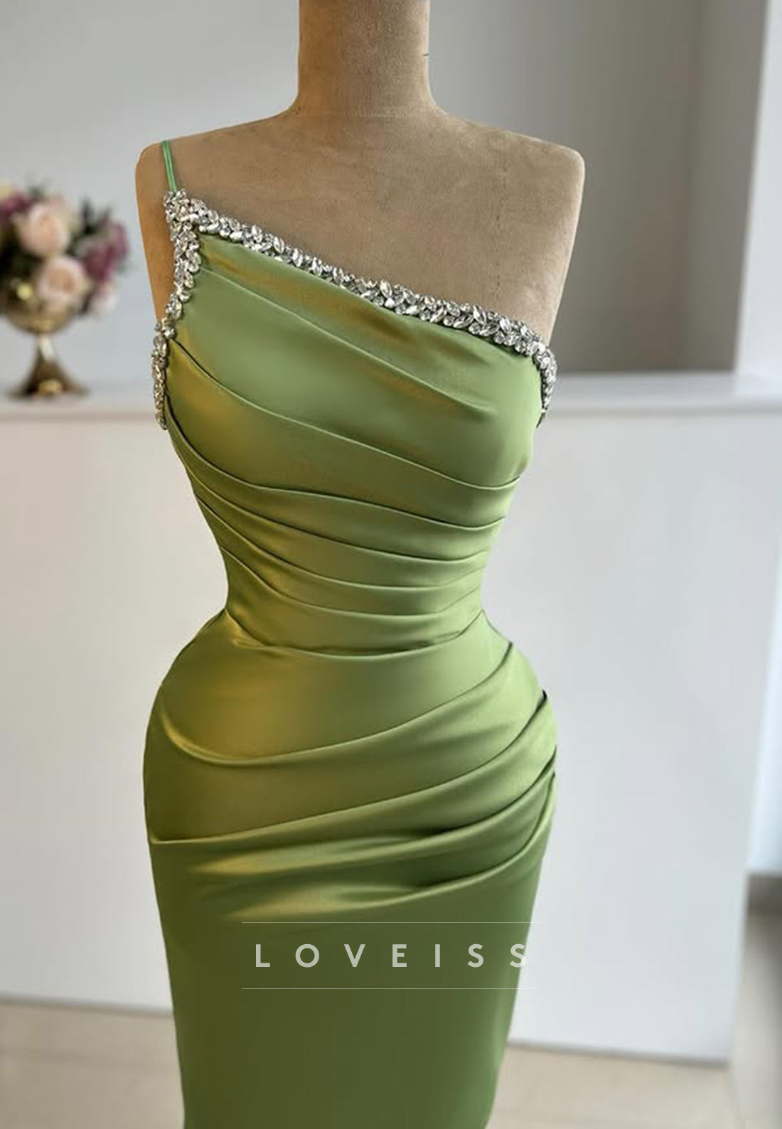 One Shoulder Sleeveless Pleated Beaded Satin Mermaid Prom Dress