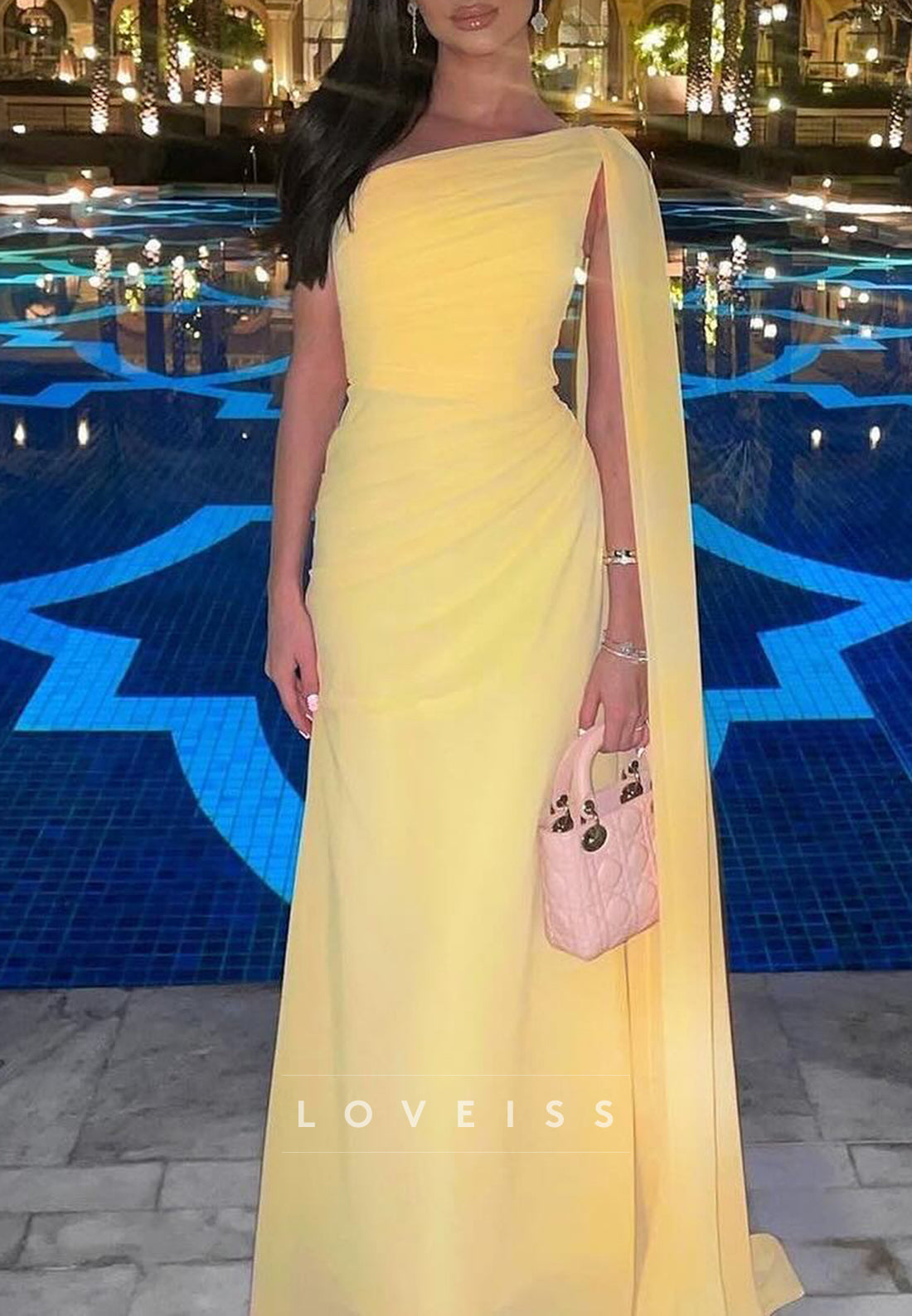 One Shoulder Sleeveless Pleated Chiffon Memaid Formal Dress