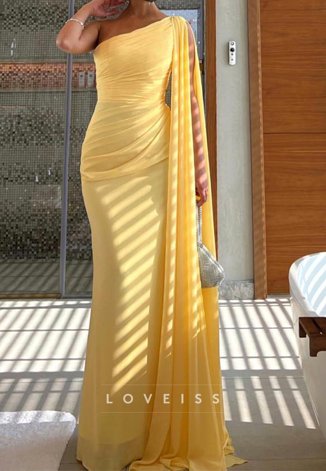 One Shoulder Sleeveless Pleated Chiffon Memaid Formal Dress