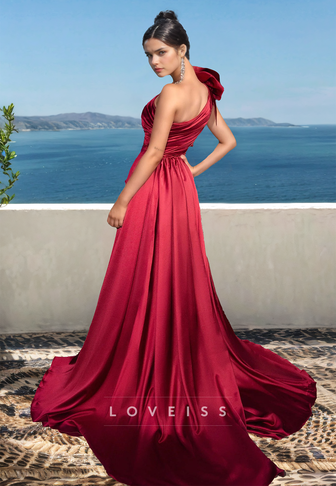 One Shoulder Sleeveless Pleated High Slit Sheath Formal Dress