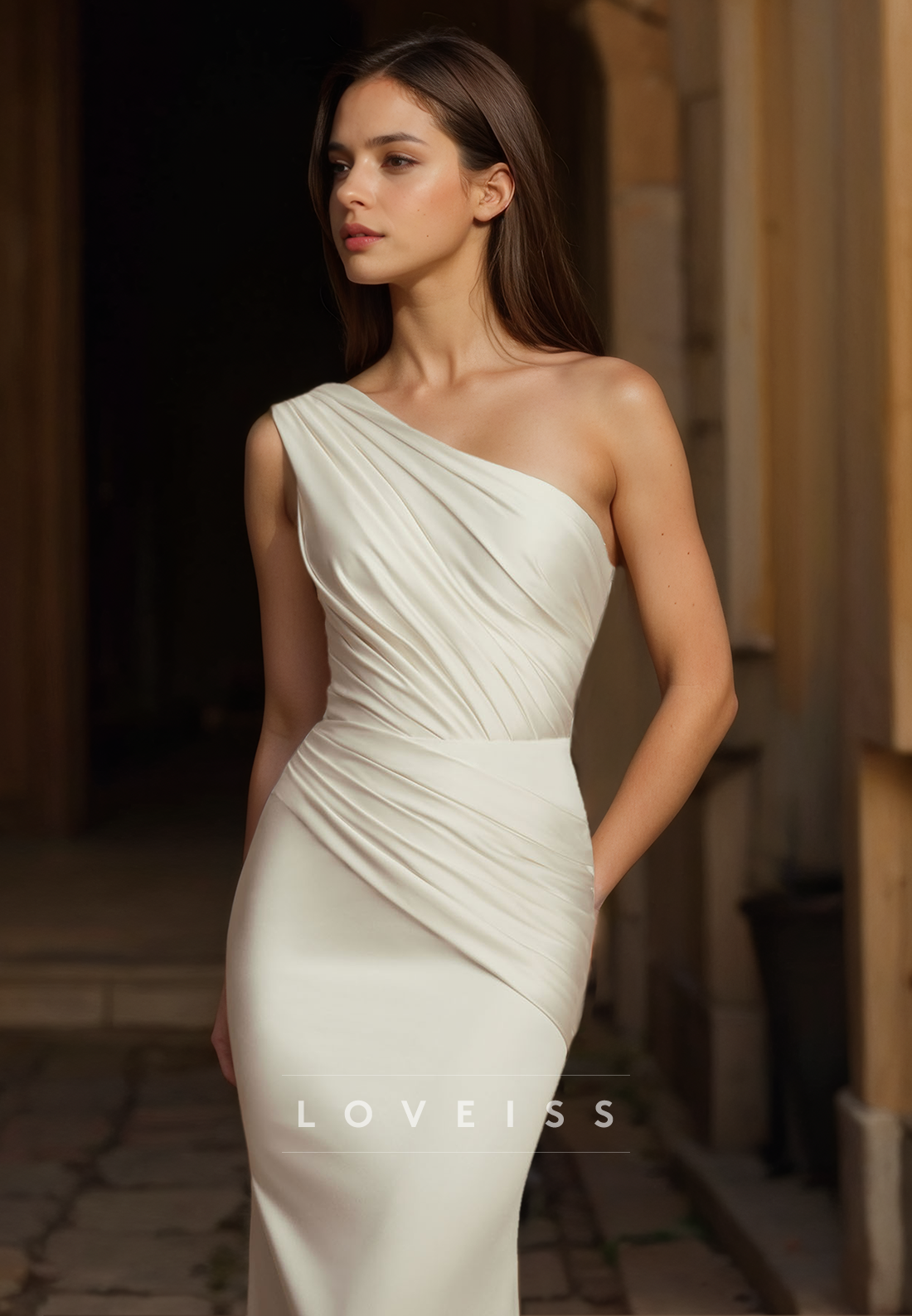 One Shoulder Sleeveless Pleated Ruched Mermaid Satin Wedding Dress