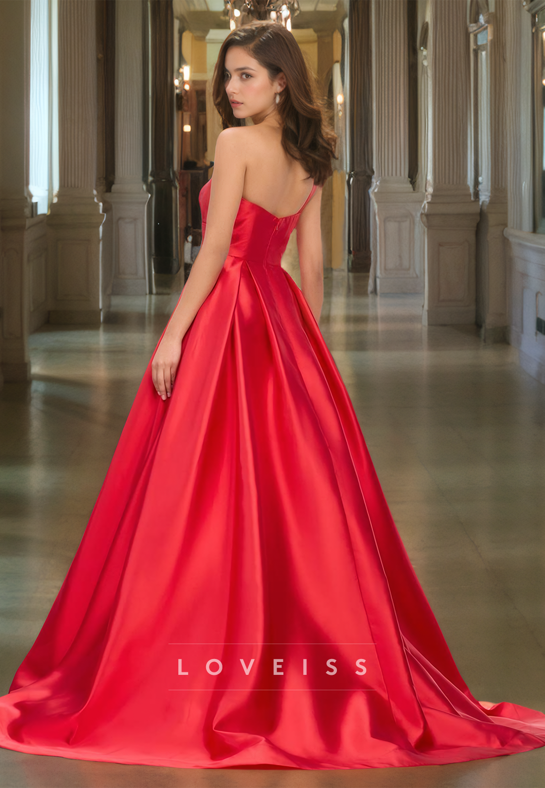 One Shoulder Sleeveless Pleated Satin A-Line Prom Dress