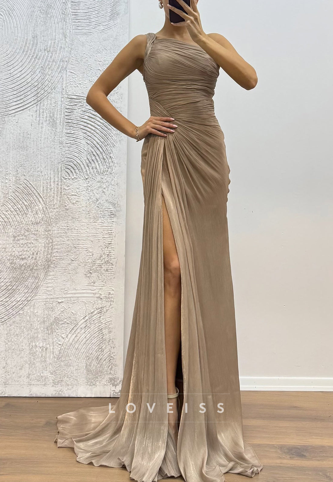 One Shoulder Sleeveless Pleated Sheath Evening Dress