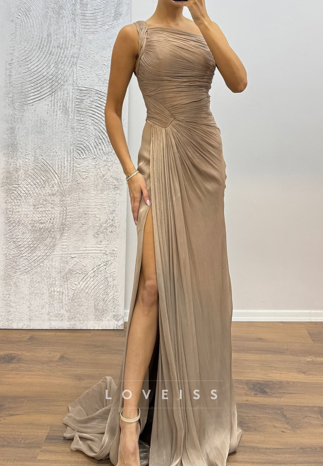 One Shoulder Sleeveless Pleated Sheath Evening Dress
