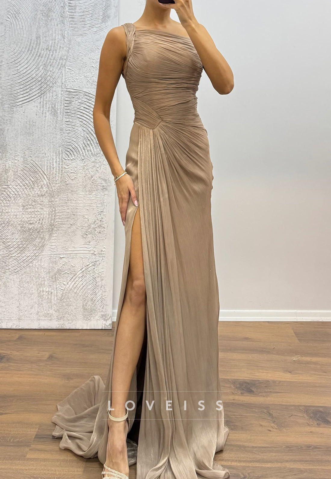 One Shoulder Sleeveless Pleated Sheath Evening Dress