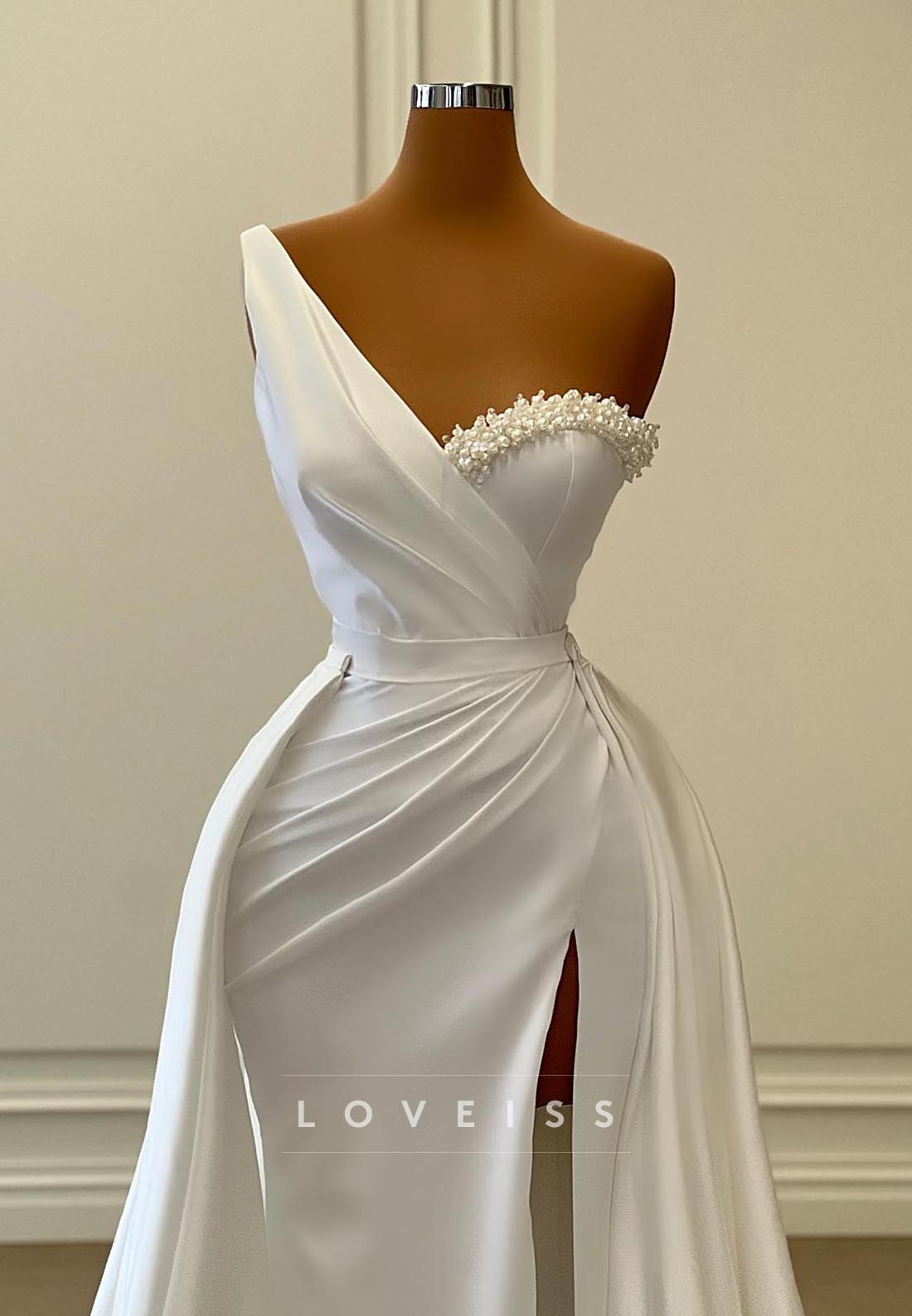 One Shoulder Sleeveless Pleated Sheath Wedding Dress