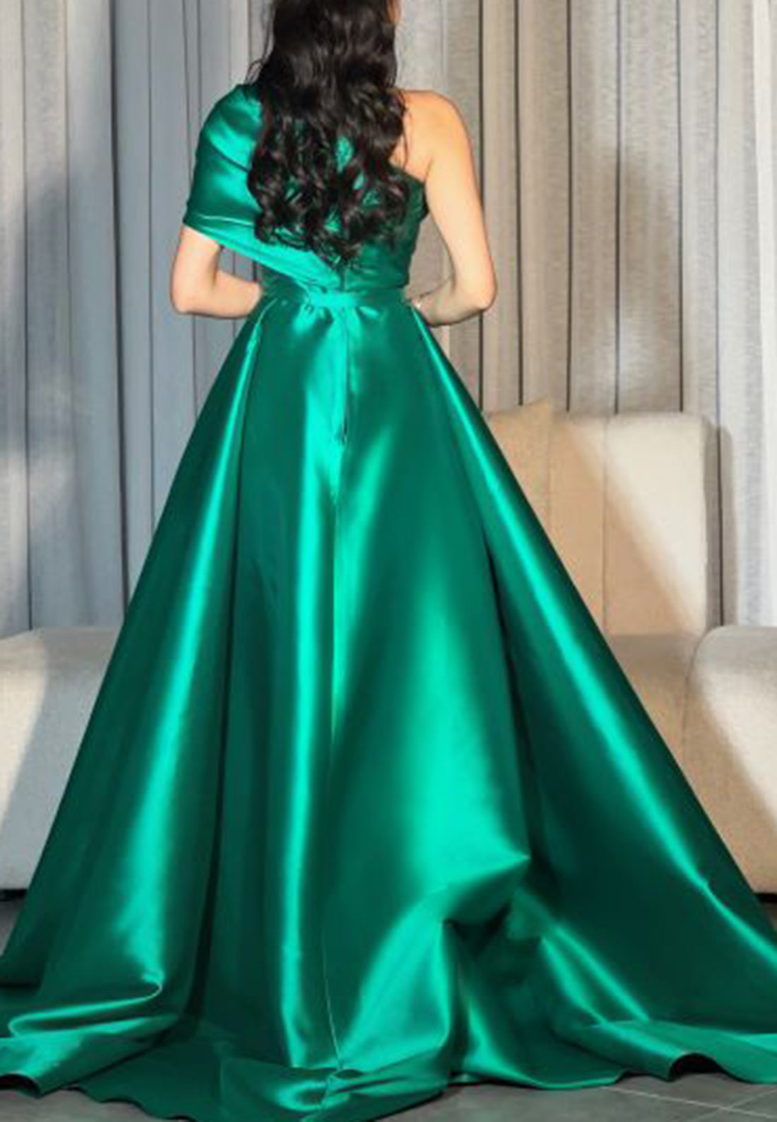 One Shoulder Sleeveless Pleated Sleek Satin Sheath Evening Dress