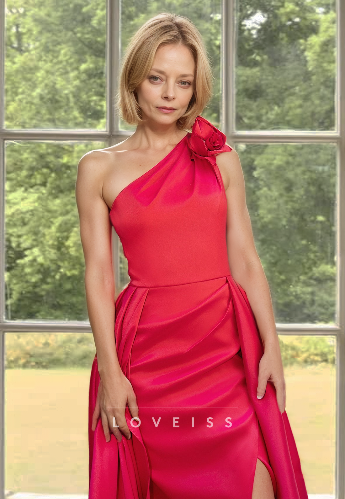 One Shoulder Sleeveless Ruched Side Slit Sheath Mother of Bride Dress