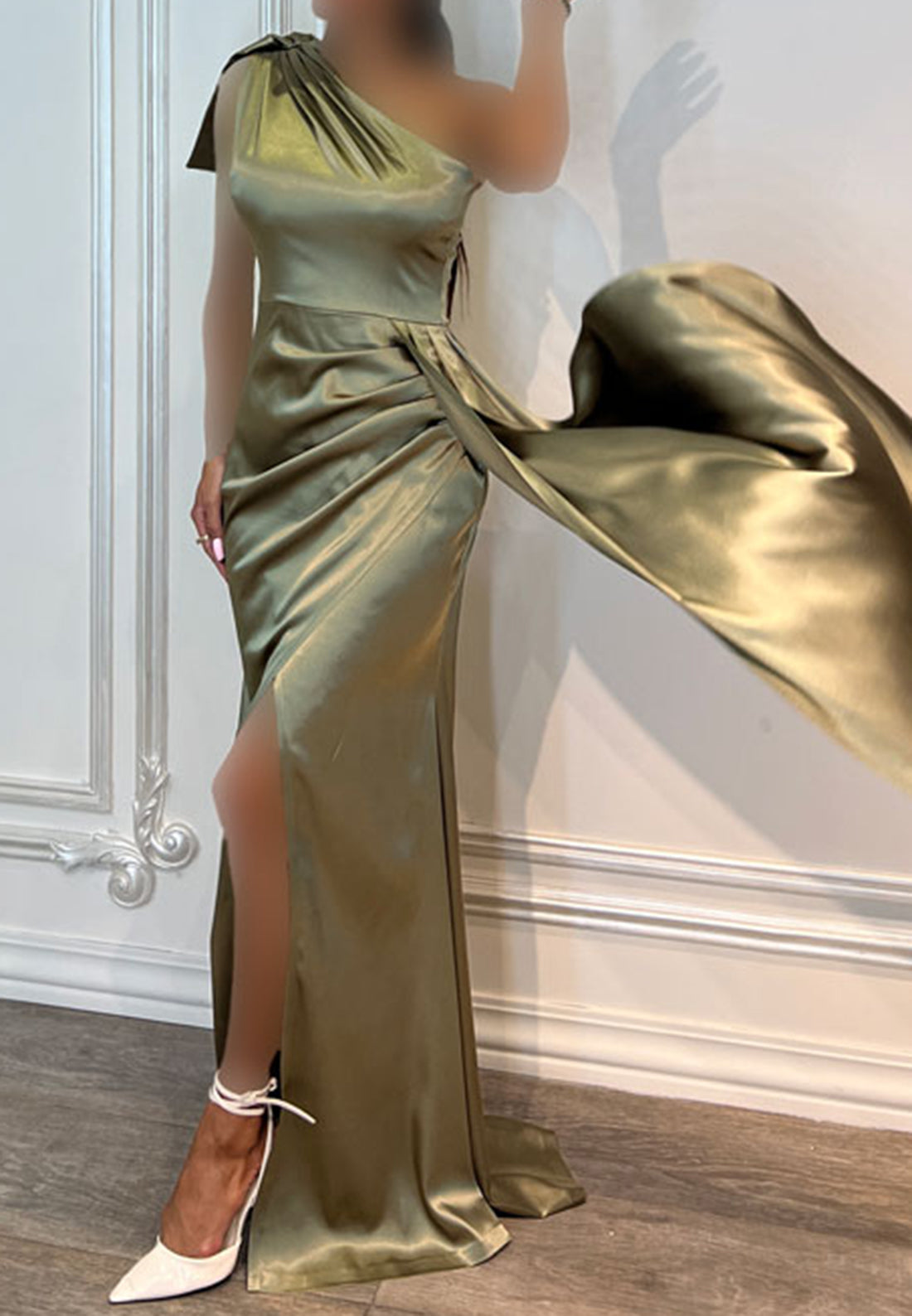 One Shoulder Sleeveless Sleek Satin Pleated Sheath Formal Dress