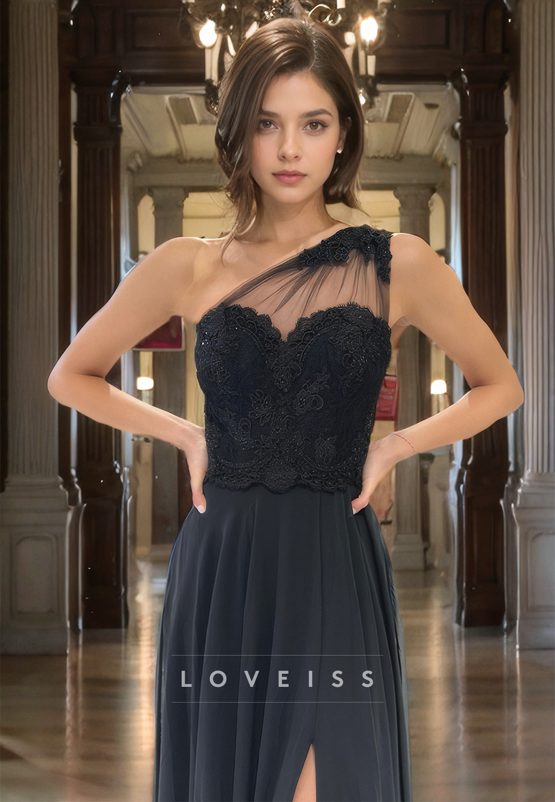 One Shoulder Sleeveless Tulle A-Line High Slit Prom Dress