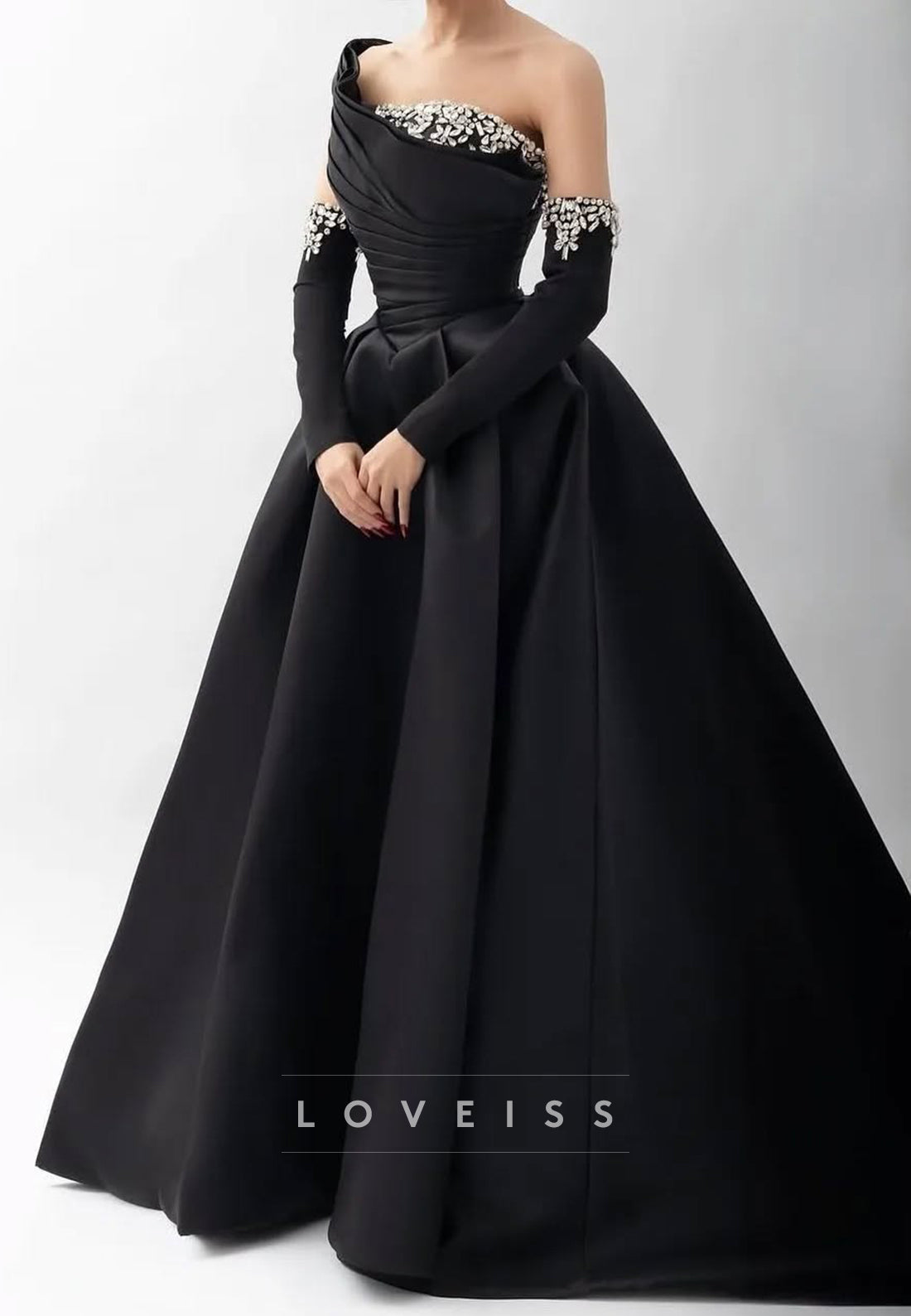 One Shoulder Strapless Beaded Pleated A-Line Prom Dress
