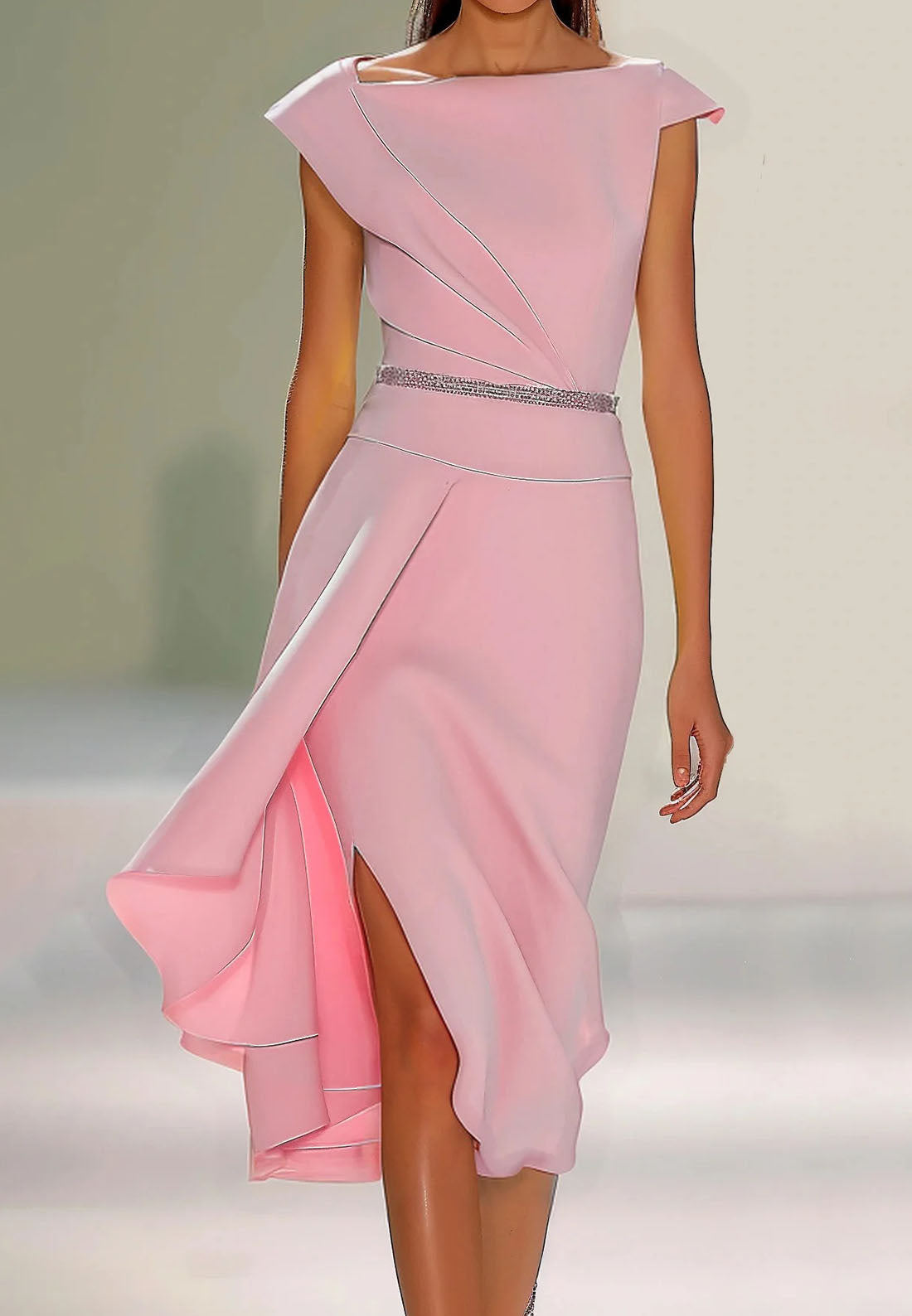 Pink Asymmetrical Neck Cap Sleeve Rhinestone A-Line Midi Dress Pink Asymmetrical Neck Cap Sleeve Rhinestone A-Line Midi Dress