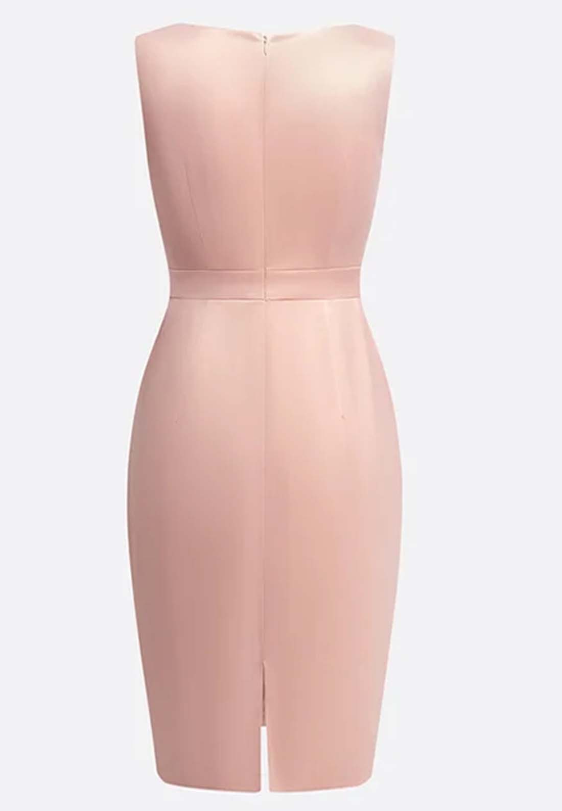 Pink Ruched Boat Neck Sleeveless Satin Sheath Midi Dress