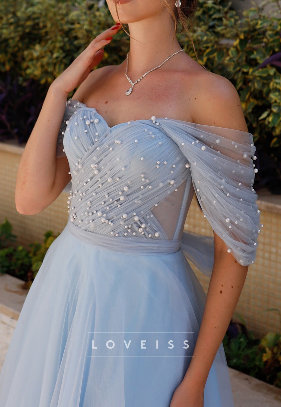 Princess Off-Shoulder Pearl Tulle A-Line Prom Dress